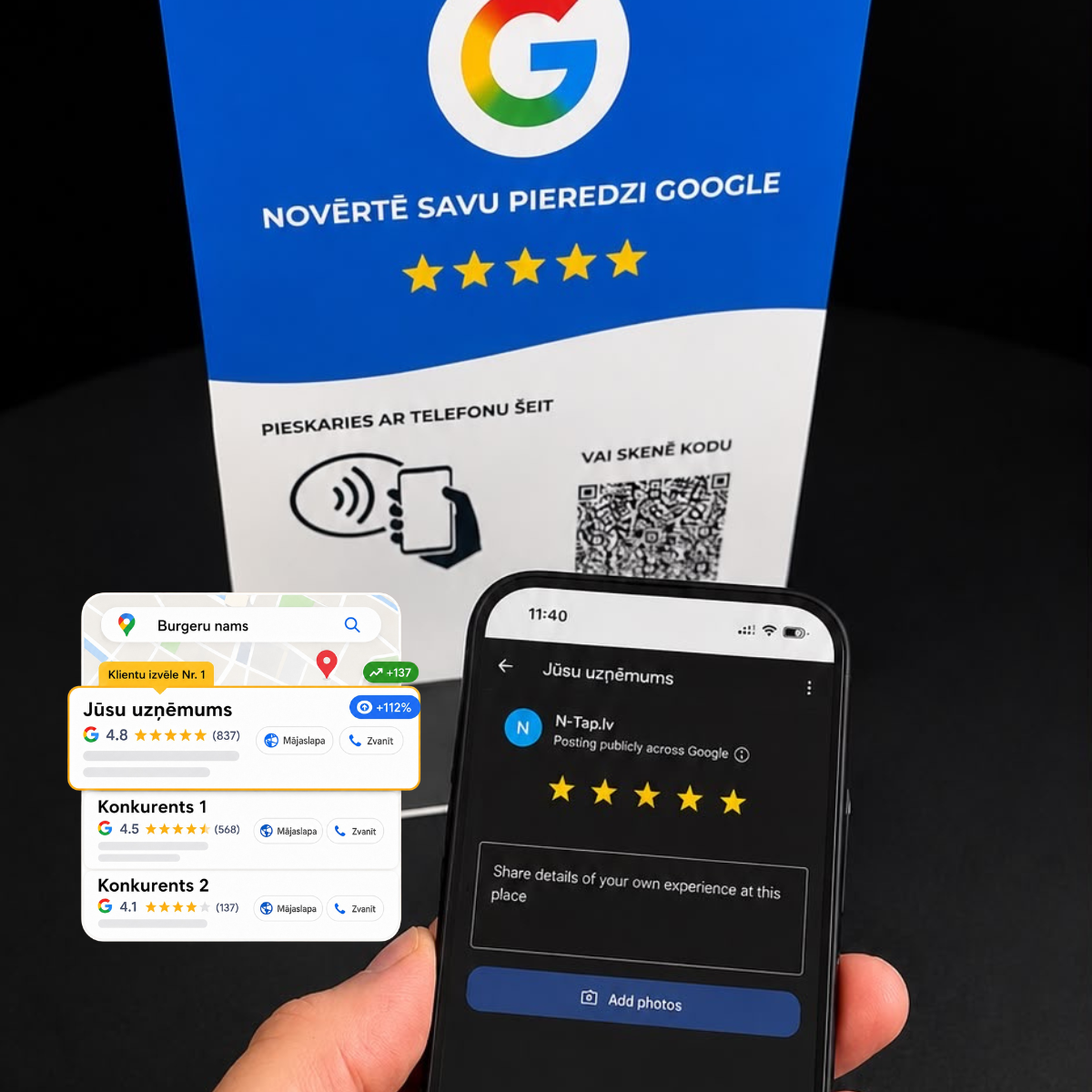 N-Tap Google atsauksmju NFC statīvs darbībā